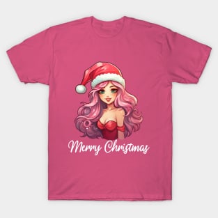 Pink Haired Girl - Merry Christmas (Black Lettering) T-Shirt